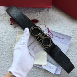 Ferragamo Calf Leather Gun Color Hollow Buckle 35mm Belt For Men 