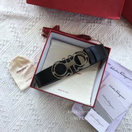 Ferragamo Calf Leather Gun Color Hollow Buckle 35mm Belt For Men 