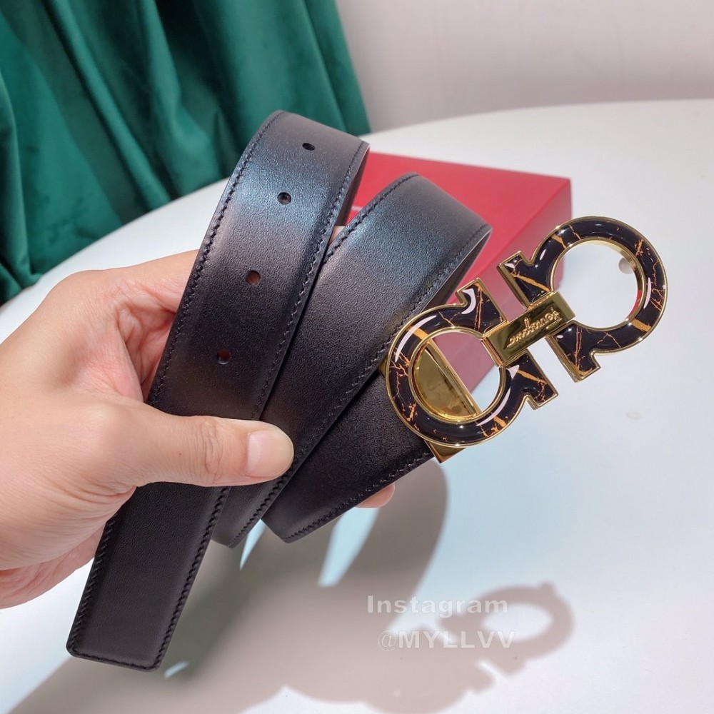 Ferragamo Calf Leather Gold Buckle 35mm Belt For Men Black