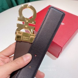 Ferragamo Calf Leather Gold Buckle 35mm Belt For Men Black