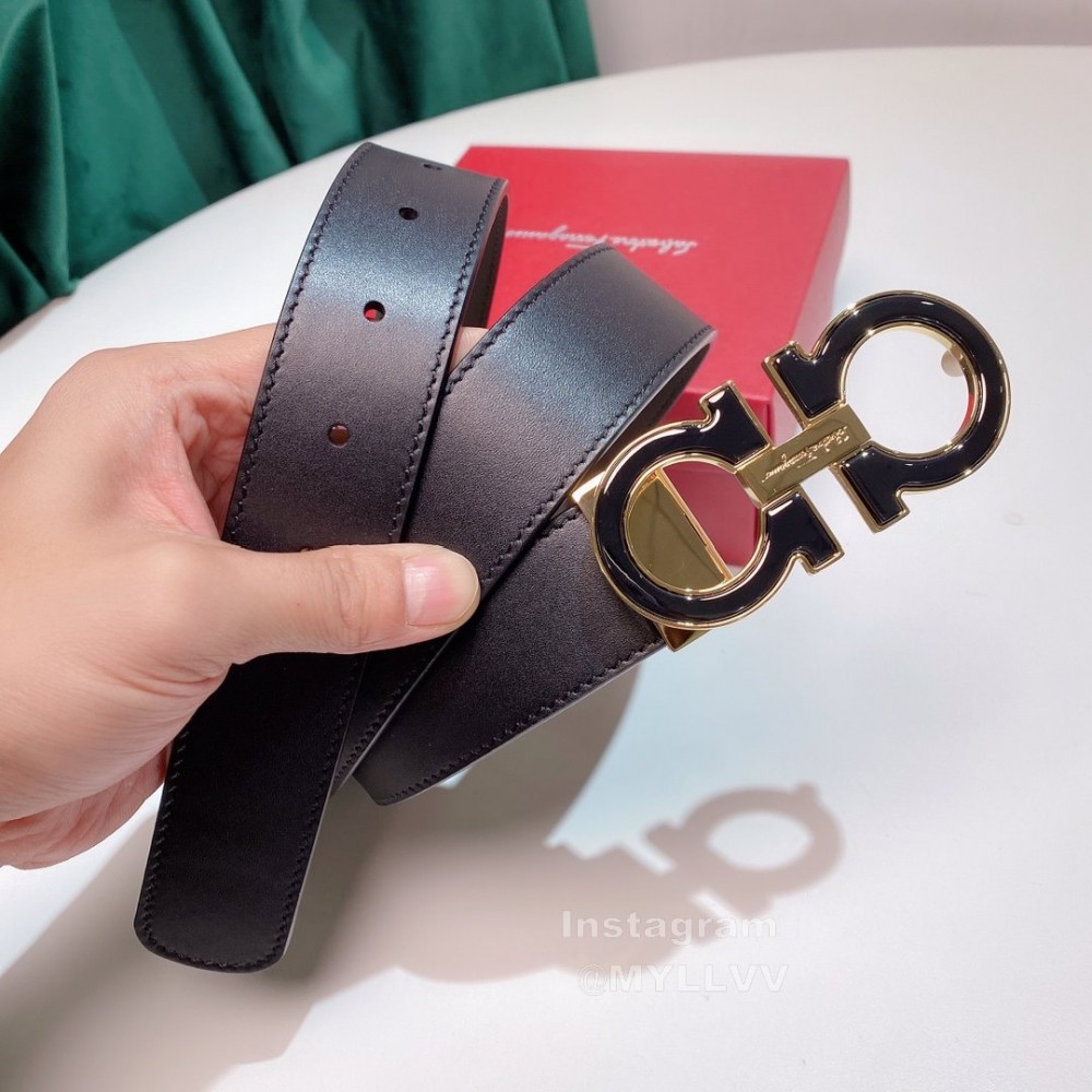 Ferragamo Calf Leather Gold Buckle 35mm Belt For Men 