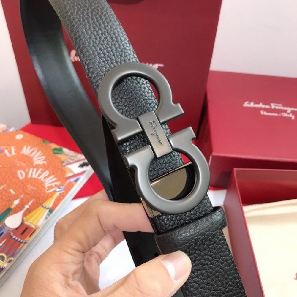 Ferragamo Calf Leather Black Gancio Buckle Belt For Men 