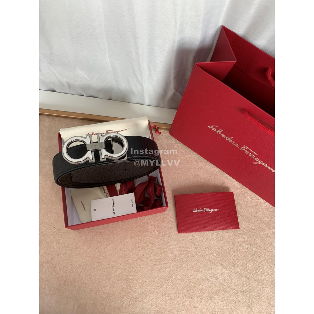 Ferragamo Classic Calf Leather Silver Buckle 35mm Belt 