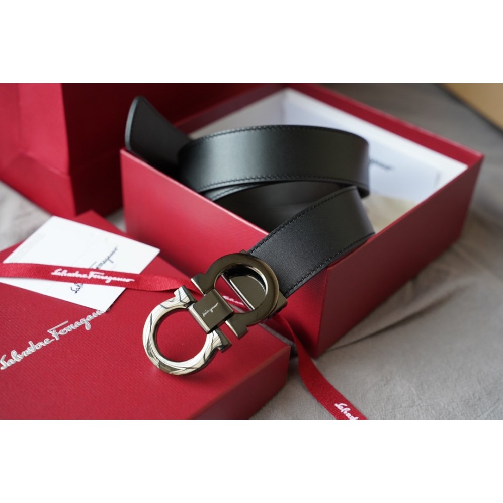 Ferragamo Elegant Calf Leather Gun Color Buckle 35mm Belt 