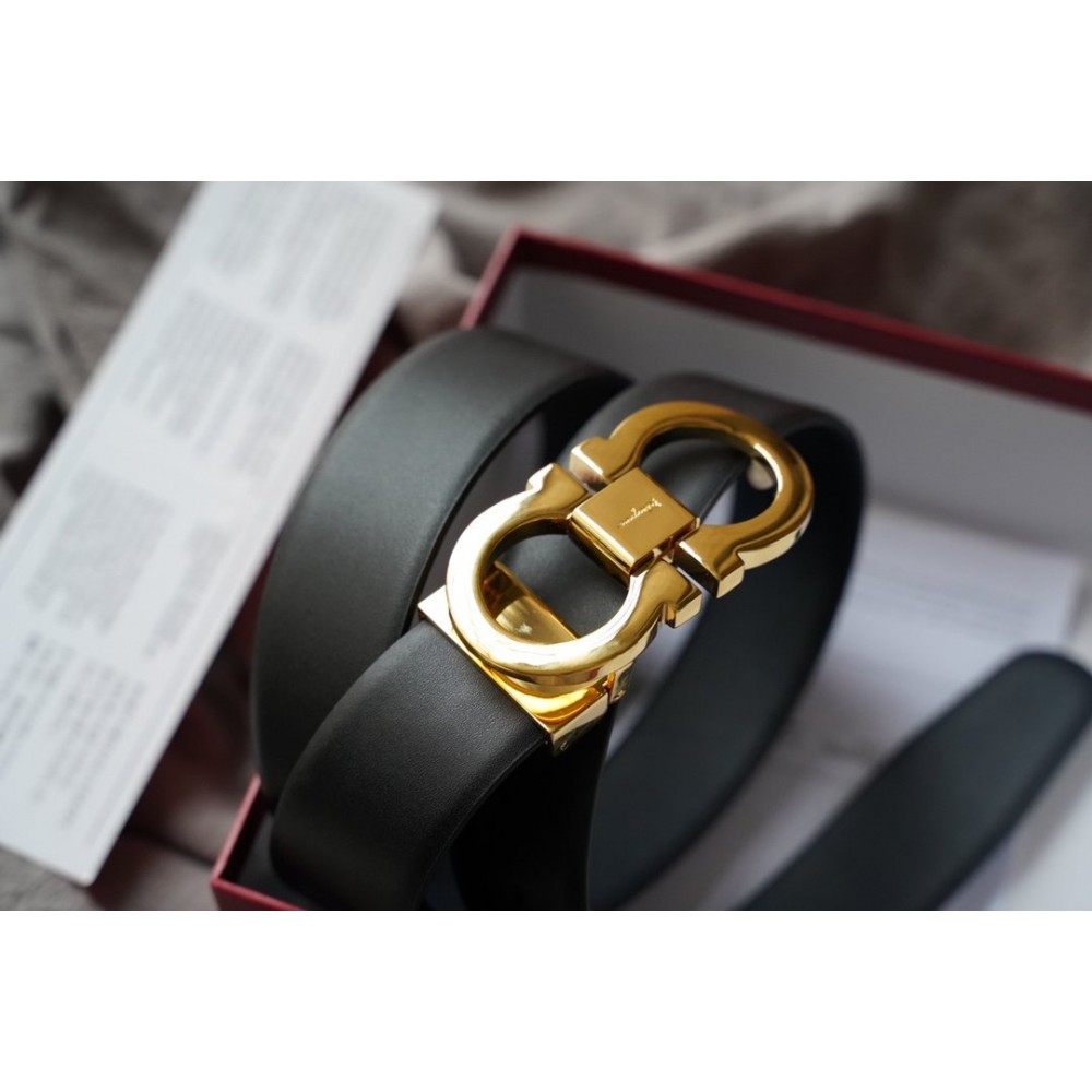 Ferragamo Elegant Calf Leather Gold Buckle 35mm Belt 