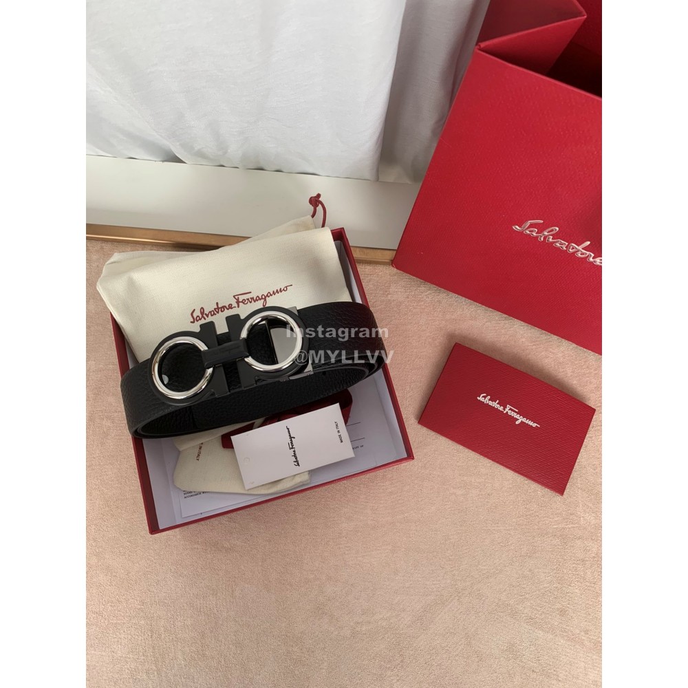 Ferragamo Elegant Leather Silver Buckle 35mm Belt For Men