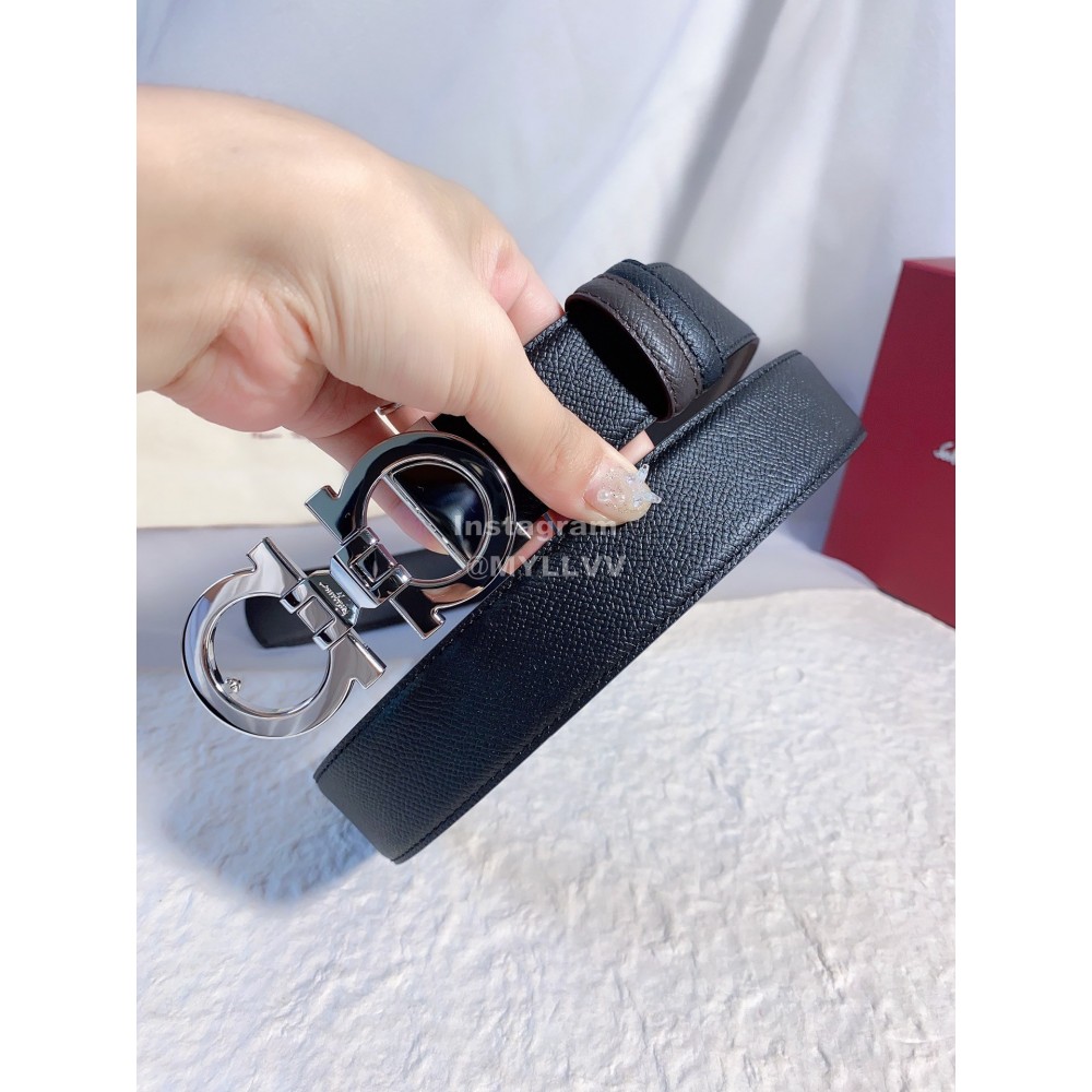 Ferragamo Black Leather Gun Color Buckle 35mm Belt For Men