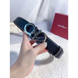 Ferragamo Black Leather Gun Color Buckle 35mm Belt For Men