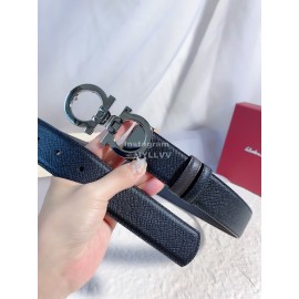 Ferragamo Black Leather Gun Color Buckle 35mm Belt For Men