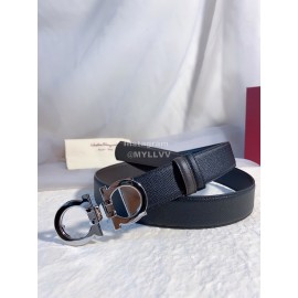 Ferragamo Black Leather Gun Color Buckle 35mm Belt For Men