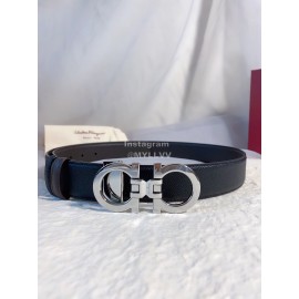 Ferragamo Black Leather Gun Color Buckle 35mm Belt For Men