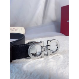 Ferragamo Black Leather Gun Color Buckle 35mm Belt For Men