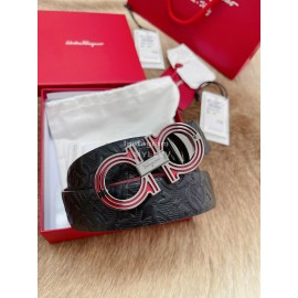 Ferragamo Embossed Cowhide Pure Copper Buckle 35mm Belt Wine Red