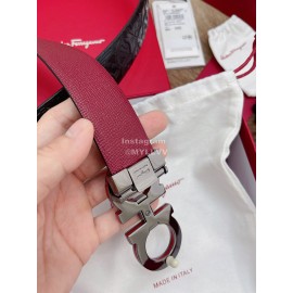 Ferragamo Embossed Cowhide Pure Copper Buckle 35mm Belt Wine Red