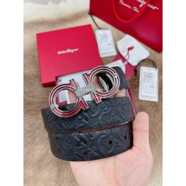 Ferragamo Embossed Cowhide Pure Copper Buckle 35mm Belt Wine Red