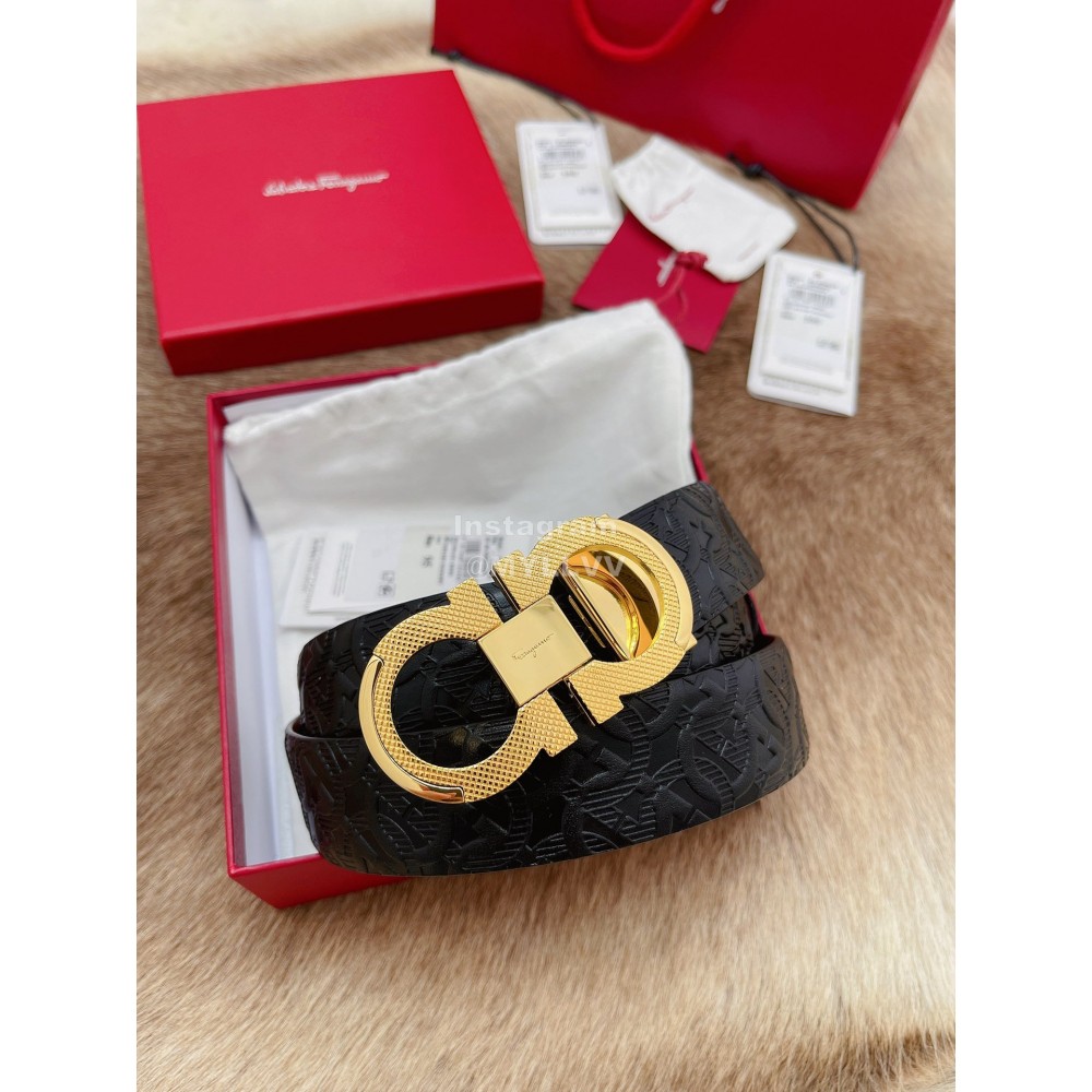 Ferragamo Embossed Cowhide Pure Copper Buckle 35mm Belt Brown