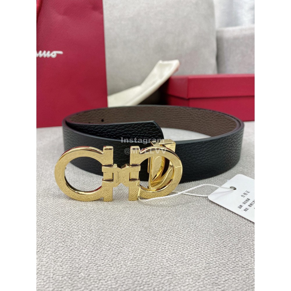 Ferragamo Black Cowhide Pure Copper Gold Gancini Buckle 35mm Belt 