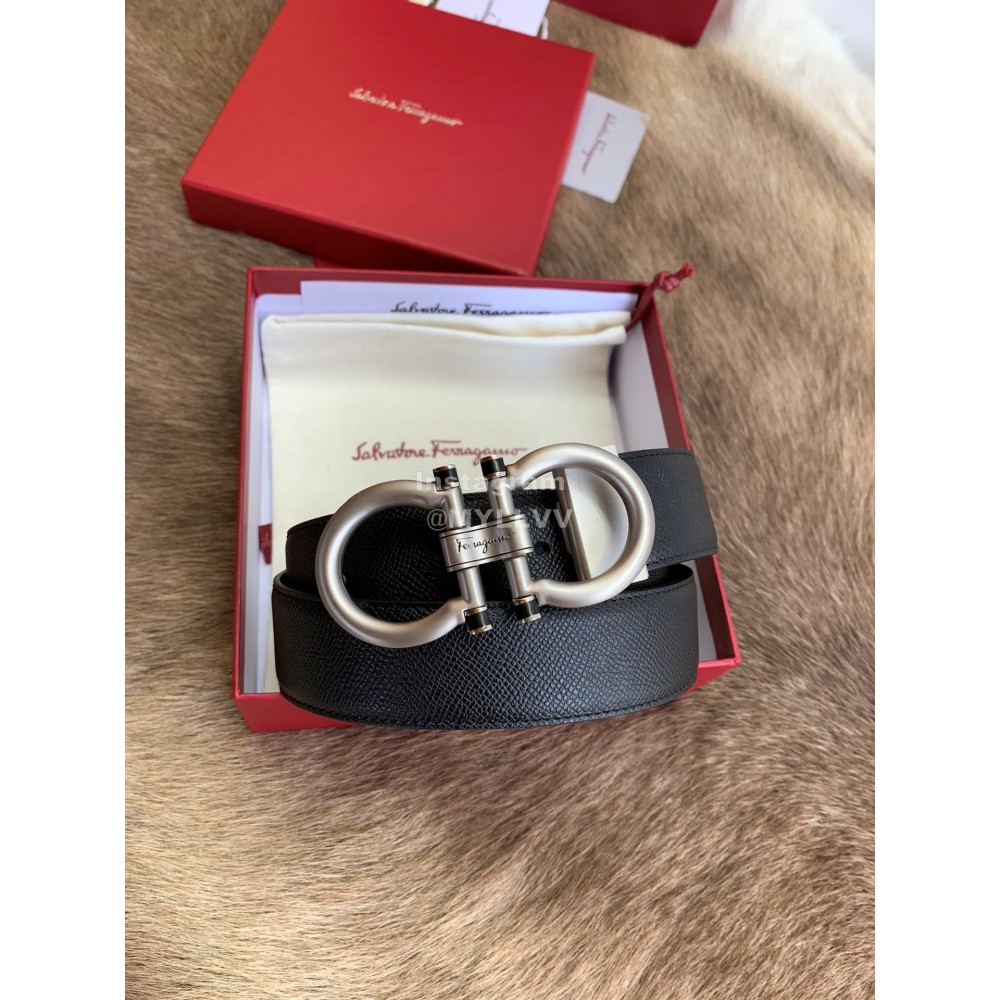 Ferragamo Calf Leather Silver Pure Copper Buckle 35mm Belt