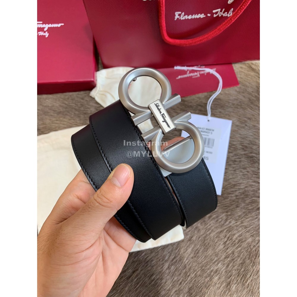 Ferragamo Fashion Calf Leather Pure Copper Silver Buckle 35mm Belt