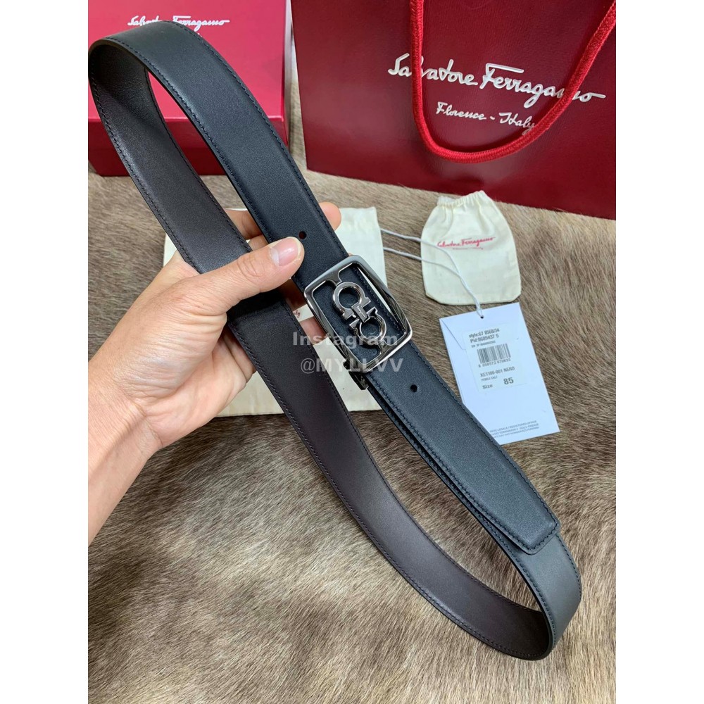 Ferragamo Cowhide Pure Copper Square Buckle 35mm Belt Black