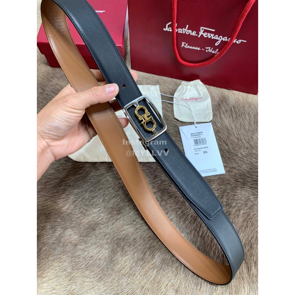 Ferragamo Cowhide Pure Copper Square Buckle 35mm Belt Brown