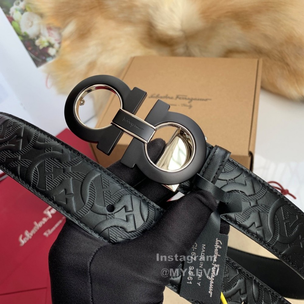 Ferragamo Embossed Cowhide Pure Copper Gancio Buckle 35mm Belt