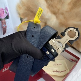 Ferragamo Cowhide Pure Copper Gancio Buckle 35mm Belt Blue