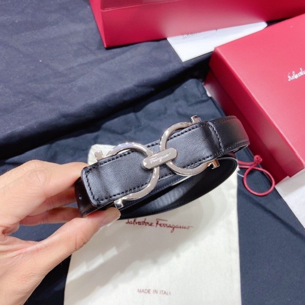 Ferragamo Black Plain Calf Silver Horseshoe Buckle 25mm Belt