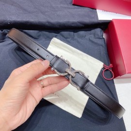 Ferragamo Black Plain Calf Silver Horseshoe Buckle 25mm Belt