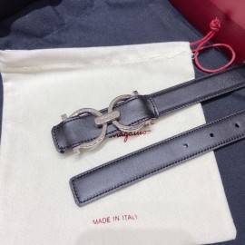 Ferragamo Black Plain Calf Silver Horseshoe Buckle 25mm Belt