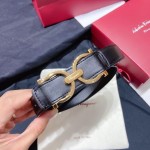 Ferragamo Black Plain Calf Gold Horseshoe Buckle 25mm Belt