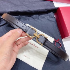 Ferragamo Black Plain Calf Gold Horseshoe Buckle 25mm Belt