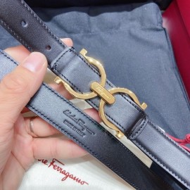 Ferragamo Black Plain Calf Gold Horseshoe Buckle 25mm Belt