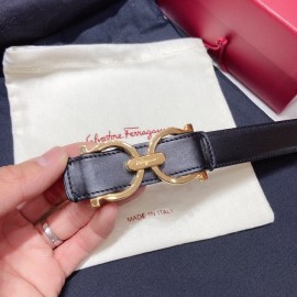 Ferragamo Black Plain Calf Gold Horseshoe Buckle 25mm Belt