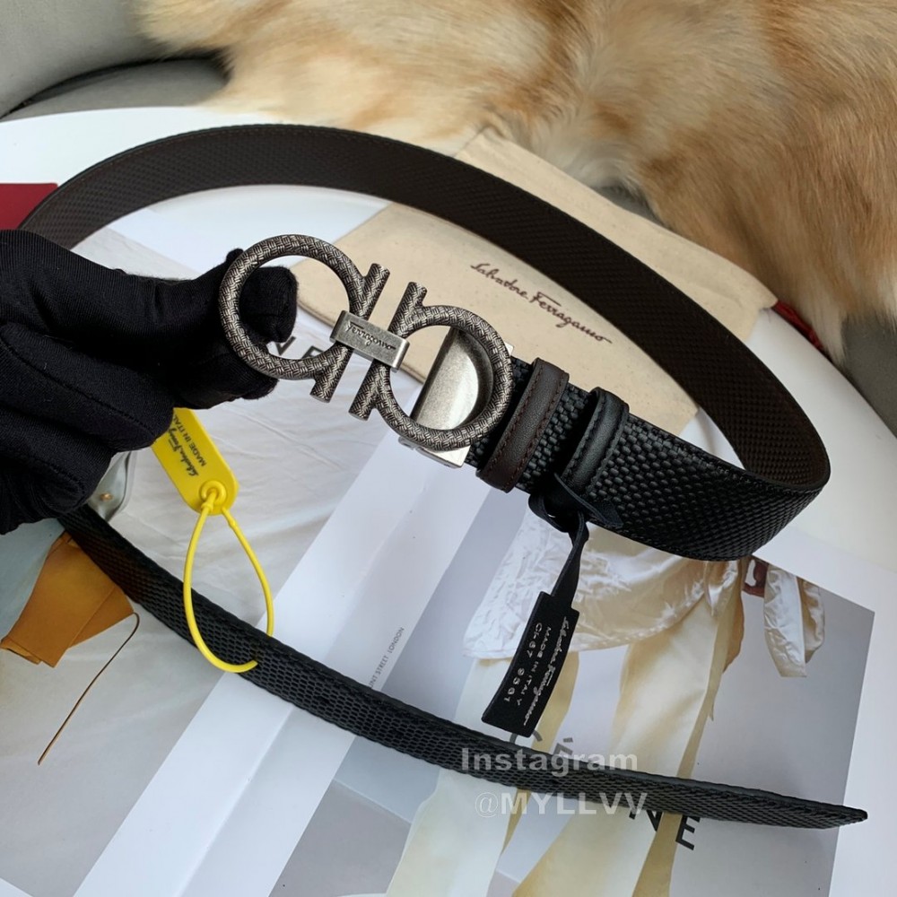 Ferragamo Black Lizard Pattern Leather Pure Copper Buckle Belt