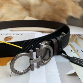 Ferragamo Black Lizard Pattern Leather Pure Copper Buckle Belt