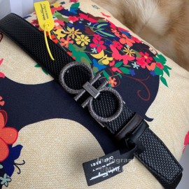 Ferragamo Black Lizard Pattern Leather Pure Copper Buckle Belt