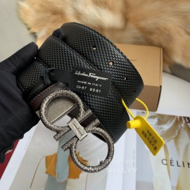 Ferragamo Black Lizard Pattern Leather Pure Copper Buckle Belt