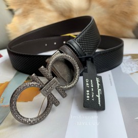 Ferragamo Black Lizard Pattern Leather Pure Copper Buckle Belt
