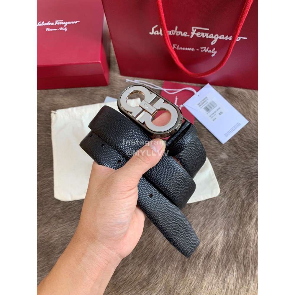 Ferragamo Calf Leather Pure Copper Silver Buckle 35mm Belt