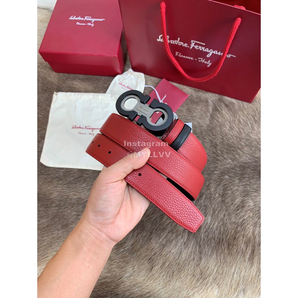Ferragamo New Calf Leather Pure Copper Buckle 35mm Belt Red