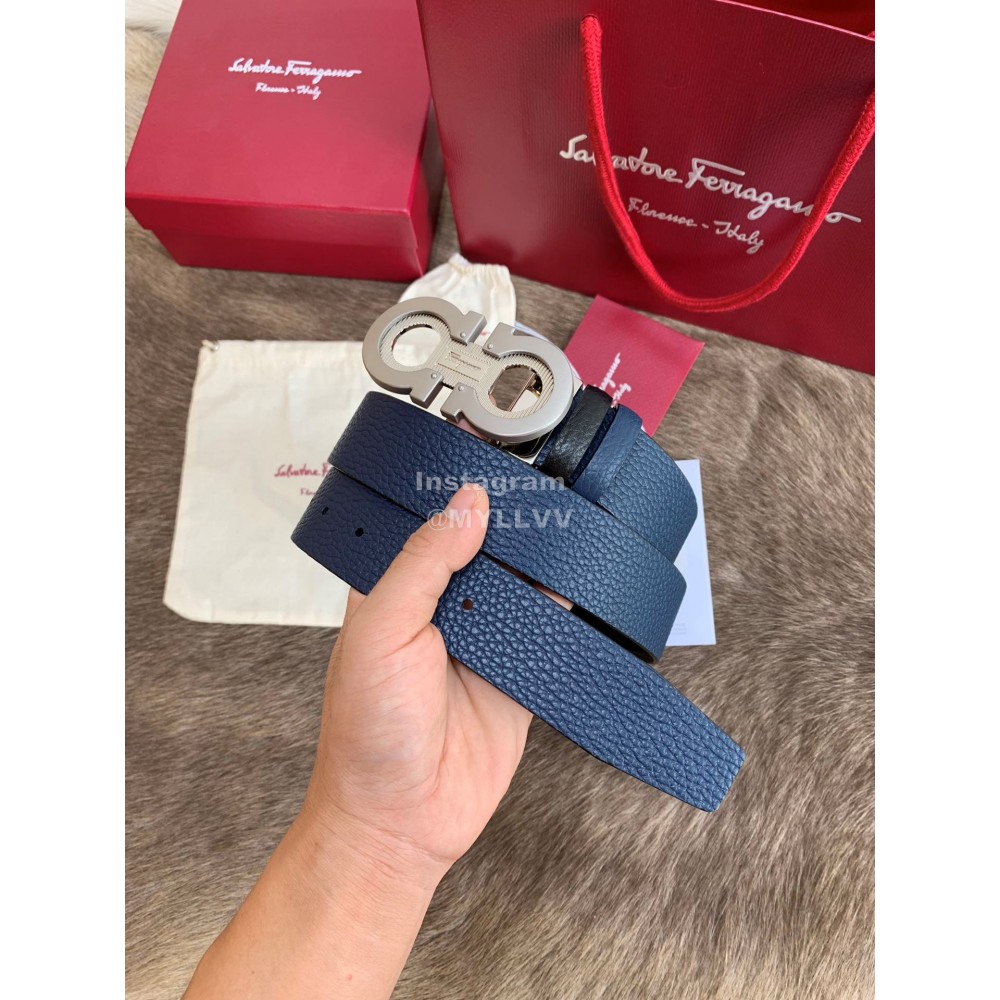 Ferragamo New Calf Leather Pure Copper Buckle 35mm Belt Blue
