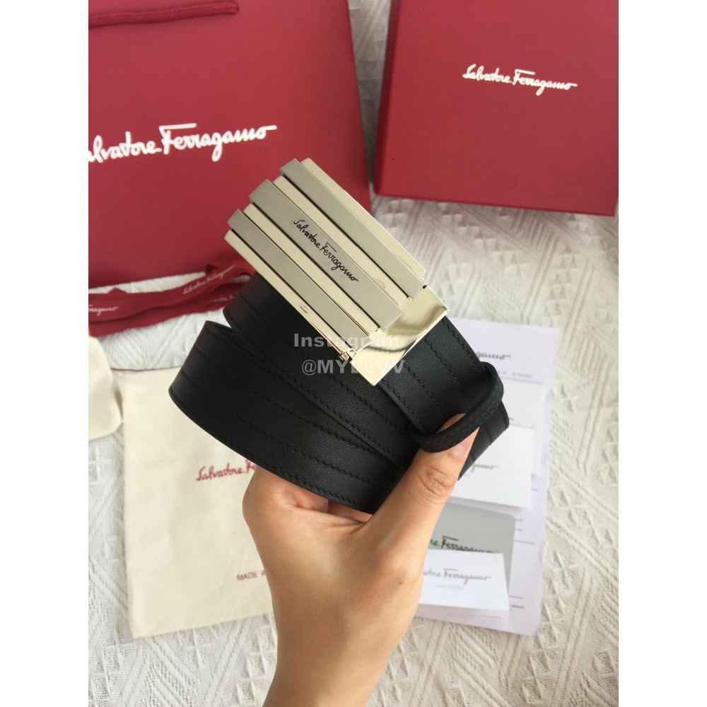 Ferragamo New Calf Leather Pure Copper Silver Square Buckle 35mm Belt