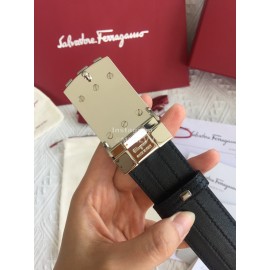 Ferragamo New Calf Leather Pure Copper Silver Square Buckle 35mm Belt