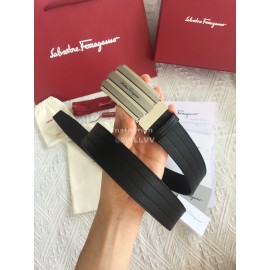 Ferragamo New Calf Leather Pure Copper Silver Square Buckle 35mm Belt