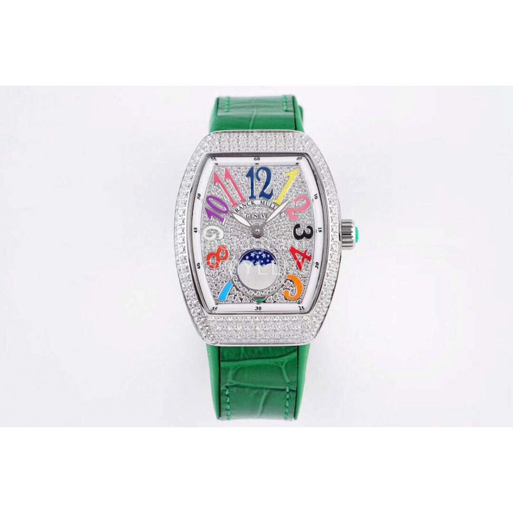 Franck Muller Diamond Dial Green Silicone Strap Watch For Women