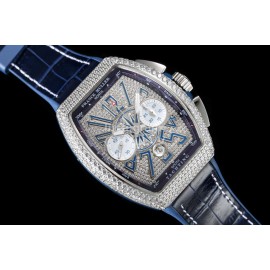 Franck Muller Diamond Dial Leather Strap Watch Silver