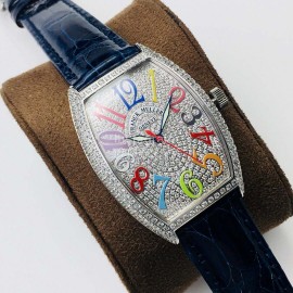 Franck Muller An Factory Diamond Dial Leather Strap Watch Silver