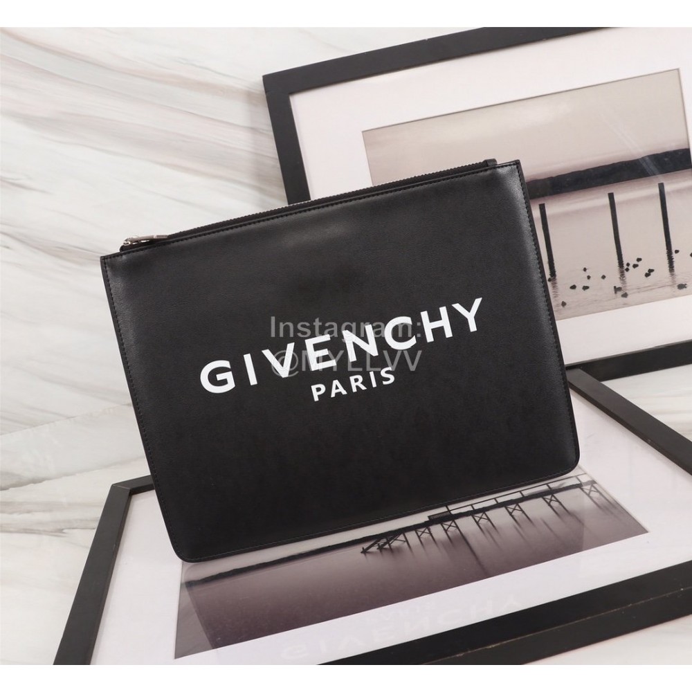 Givenchy White Horizontal Stripes Letter Logo Leather Handbag Black