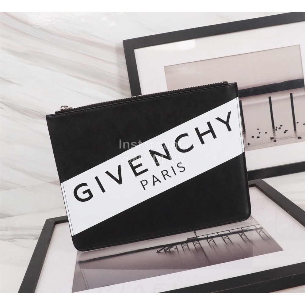 Givenchy White Twill Letter Logo Cowhide Clutch Black